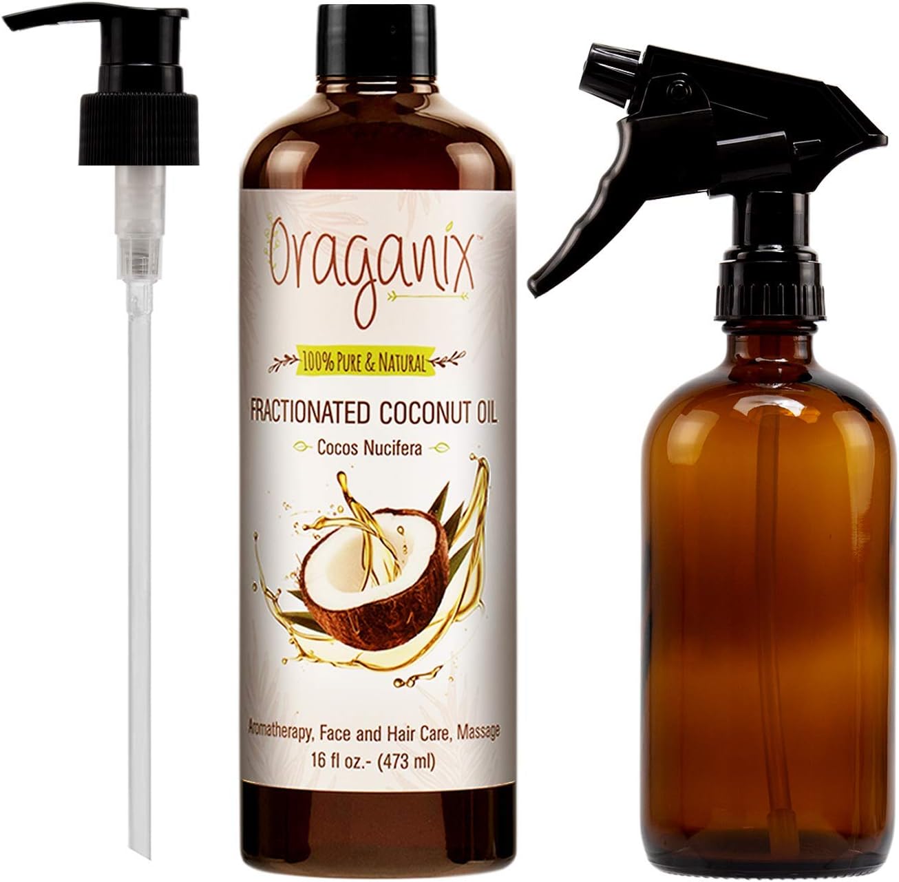Oraganix Fractionated Coconut Oil with Amber Glass Spray Bottle - 100% Pure Natural 16 Oz Coconut Oil with 16oz Amber Glass Spray Bottle - for Essential Oil, Massage Oil, Skin and Hair Care