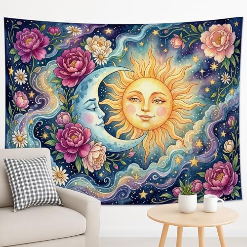 Tapiz de sol y luna, floral violeta, bohemio, decoración estética mística para sala de estar, dormitorio, 90 x 70 pulgadas