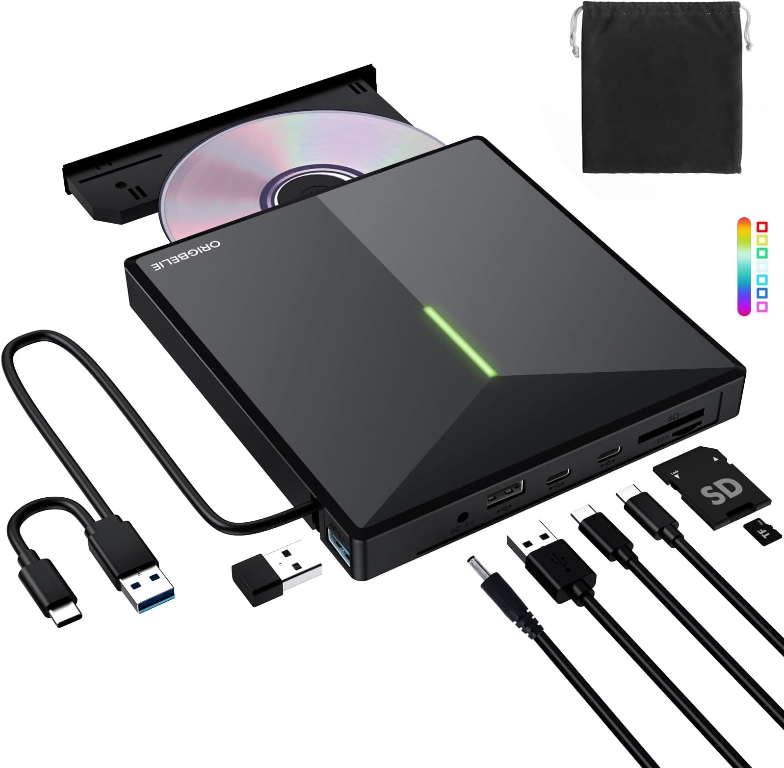 ORIGBELIE External CD DVD Drive with 4 USB Ports and 2 TF/SD Card Slots, USB 3.0 Portable CD/DVD Disk Drive Player Burner Reader Writer for Laptop Macbook Desktop PC Windows 11/10/8/7 Linux Mac OS