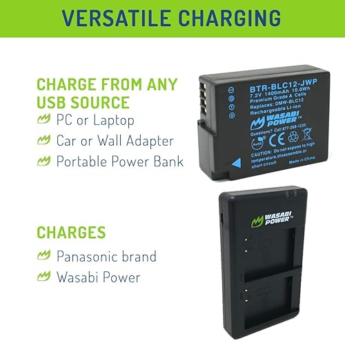 Miniatura 6 de Wasabi Power Batería (paquete de 2) y cargador dual USB-C para Leica BP-DC12, 18729 y Leica V-Lux 4, V-Lux (Typ 114), Q, Q-P