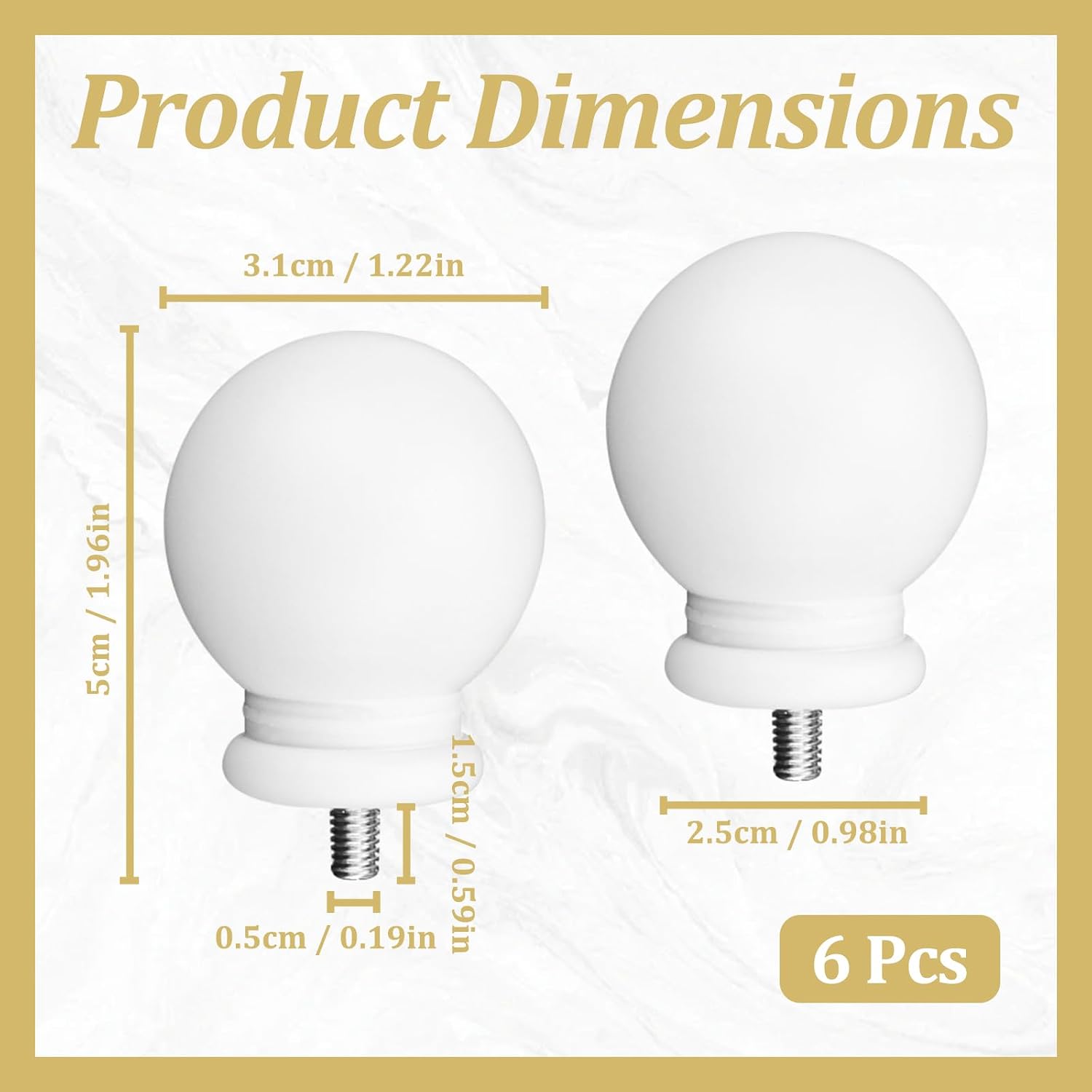 6 Packs ABS Finials for Curtain Rods Caps, 1.22''/3.1 CM Curtain Rod Ends Screw on for 0.19''/5 MM Holes Replacement Window Drapes Home Decor Living Room Office Round White