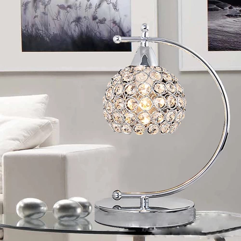 Lampada da tavolo moderna in cristallo, Lampada da comodino in argento cromato, Lampada da scrivania con interruttore on / off in linea, Luce notturna decorativa per camera da letto (Silver)
