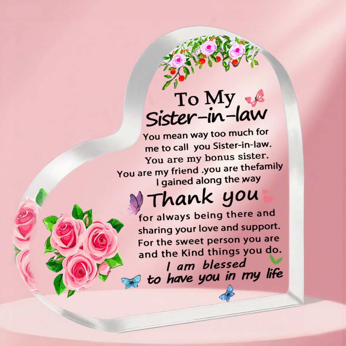 ToVii Sister In Law Gifts, Sister In Law Birthday Gifts Wedding Christmas Heart Shaped Acrylic Plaque Gifts for Sister In Law