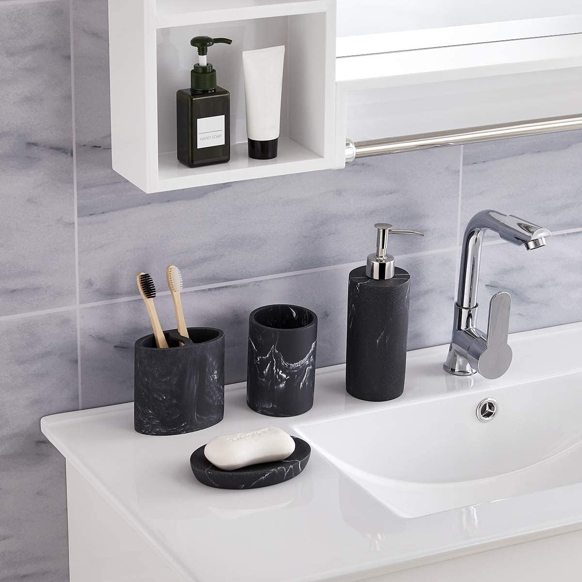 ZCCZ Bathroom Accessories Set Complete, 4 Piece Marble Pattern Accessories Toothbrush Holder Set Bath Accessories Set with Soap Dispenser, Toothbrush Holder, Tumbler, Soap Dish