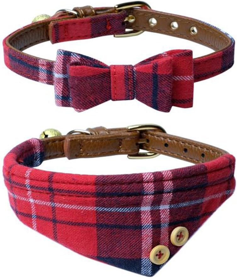 Dog Cat Collars Leather for Small Pet Adjustable Bow-tie and Scarf Puppy Collars with Bell Cute Plaid Bandana Dog Collar(2 Pack) (red Plaid)