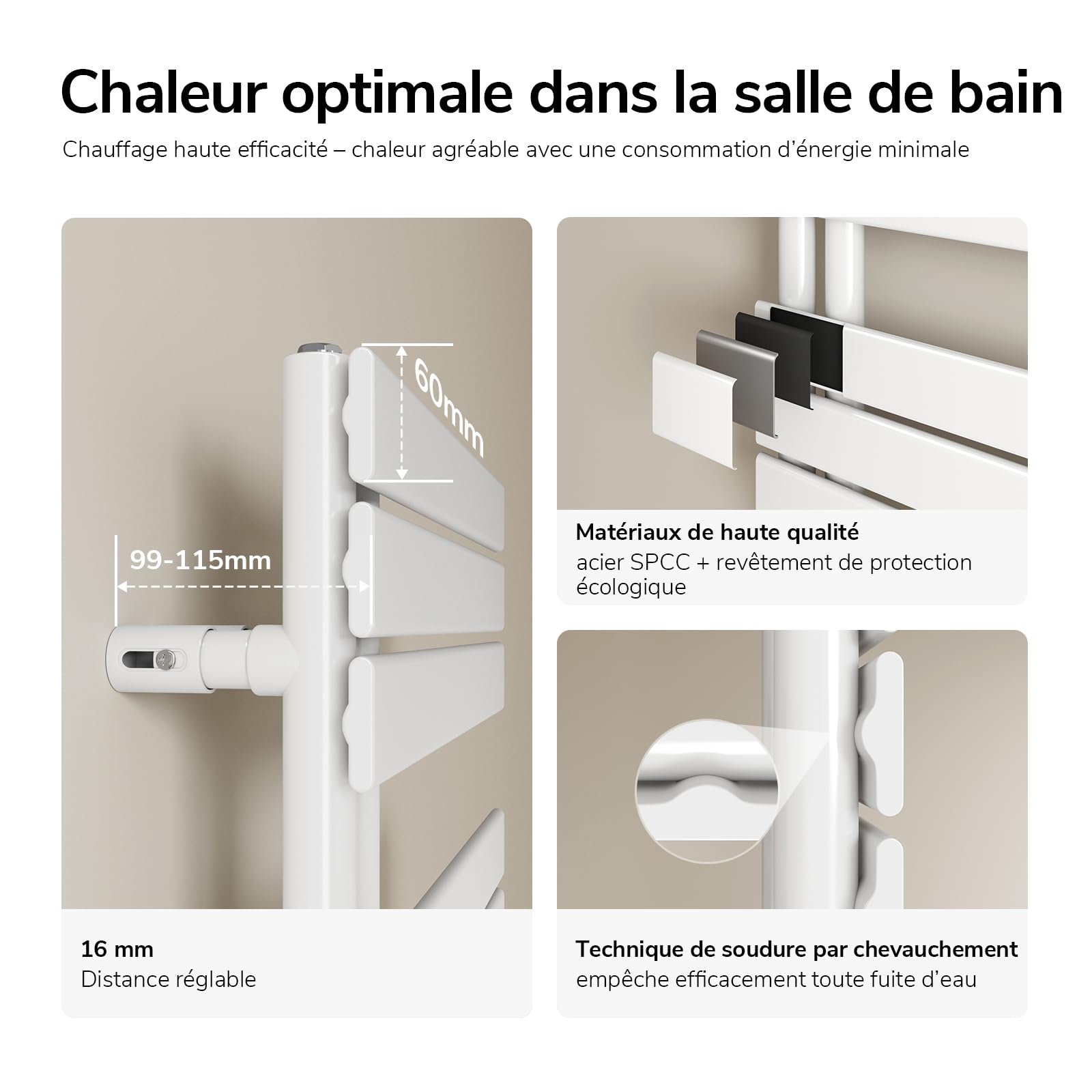 EMKE Sèche-Serviettes Électrique avec WiFi Thermostat,762x600 mm,Blanc | Seche Serviette Electrique,400 W ,Porte-Serviettes Électrique,Radiateur Seche Serviette Salle de Bain Mural