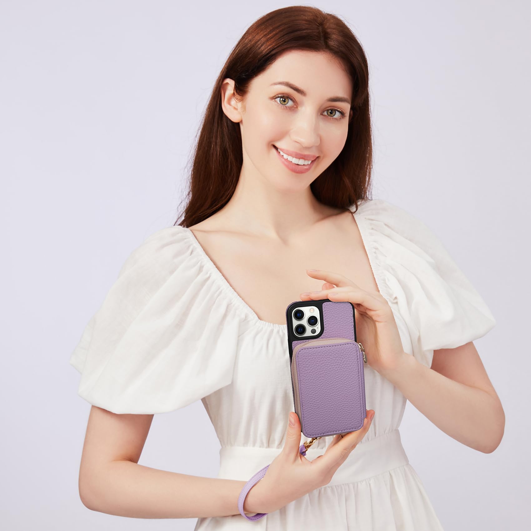 Keallce Case for iPhone 12 Pro/iPhone 12 6.1'' Case Wallet, Crossbody Zipper Purse, RFID Blocking 10 Card Slot Kickstand, Detachable Lanyard & Wristle Flip Folio Cover for iPhone 12/12 Pro, Purple