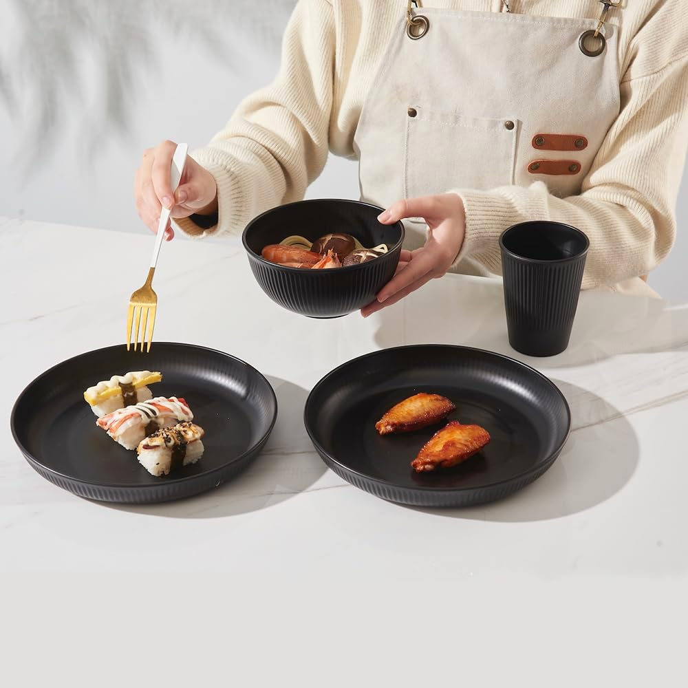 18pcs Wheat Straw Dinnerware Sets HXYPN Unbreakable Dinnerware Set Kitchen Cups Plates and Bowls Sets Reusable Dish Sets Dishwasher and Microwave Safe Plates Black - Image 4