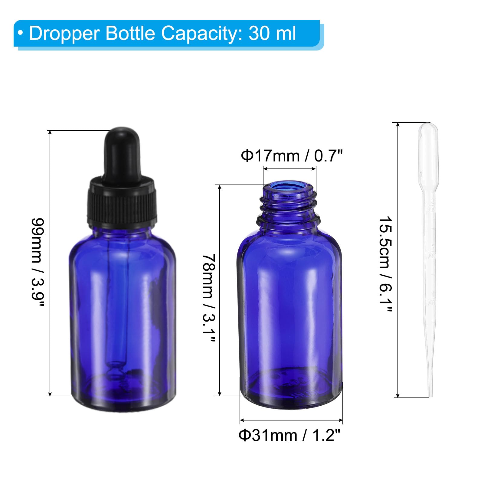 PATIKIL 30ml Glas Pipettenflasche 48 Stück Dichte Augentropfer Ätherische Öle testen Flüssigkeitsbehälter Mit Pinsel Pipette Etikett Trichter Messbecher Für Aufbewahrung Zuhause Reisen Bla