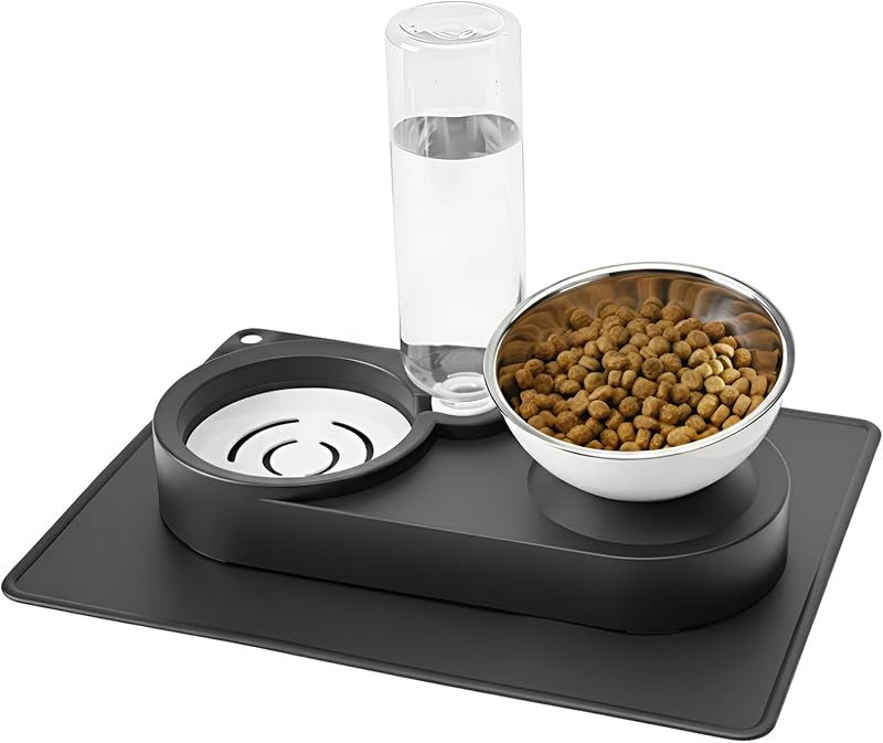Comedouro Elevado Inclinado para Gatos com Bebedouro Automático, Tigelas de Aço Inoxidável e Tapete, Nuzzletail, Preto
