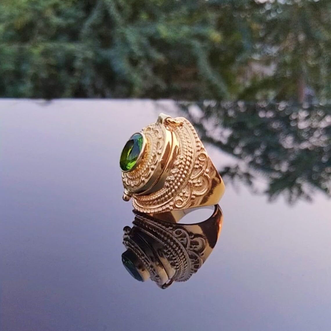 Poison Ring,Natural Peridot Gemstone Poison Ring,Gold Plated Poison Ring,Handmade Openable Medicine Ring,Secret Message Box Ring,