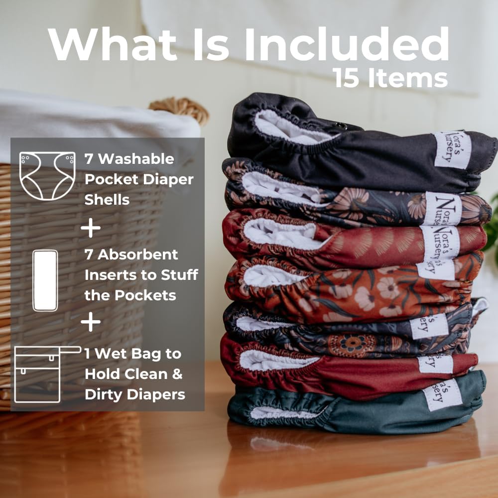 Nora's Nursery AWJ Cloth Diapers 7 Pack with 1 Wet Bag - Waterproof Cover, Washable, Reusable & One Size Adjustable Pocket Diapers for Newborns and Toddlers - Dahlia - Image 2