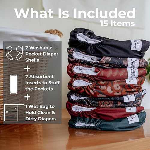 Miniatura 2 de Nora's Nursery AWJ - Pañales de tela, paquete de 7 con 1 bolsa para artículos húmedos, funda impermeable, lavable, reutilizable y de bolsillo