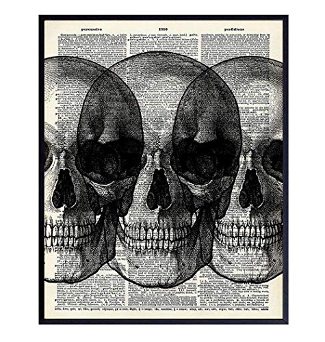 Skulls Wall Art - Skull Wall Decor - Skull Decor - Dictionary Art - Goth Room Decor - Gothic Gifts - 8x10 Gothic Poster - Picture Print - Wall Decor for Men, Man Cave, Teens Room