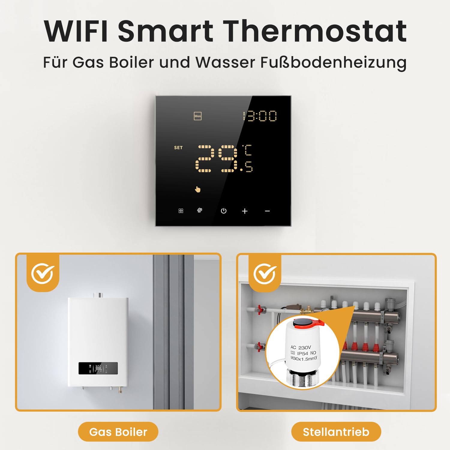 Smart WiFi Thermostat für Wasser-Fußbodenheizung und Gasboiler, Programmierbar Raumthermostat Unterstützen Alexa, Google Home Sprachsteuerung und Smart Life App Fernbedienung (2,4-GHz-WiFi)
