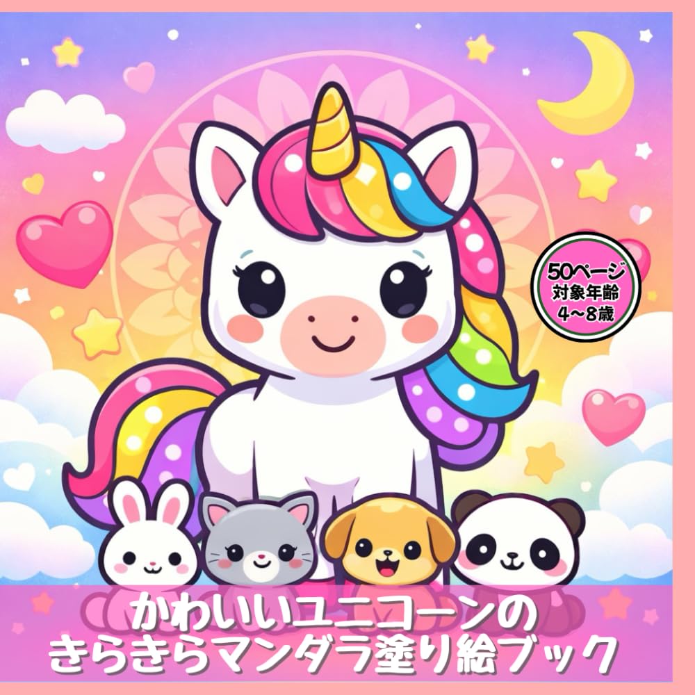 かわいいユニコーンのきらきらマンダラ塗り絵ブック: 星と月とハートいっぱい／かんたん太線／キッズ4〜8歳 (わくわくきらきらぬりえ)