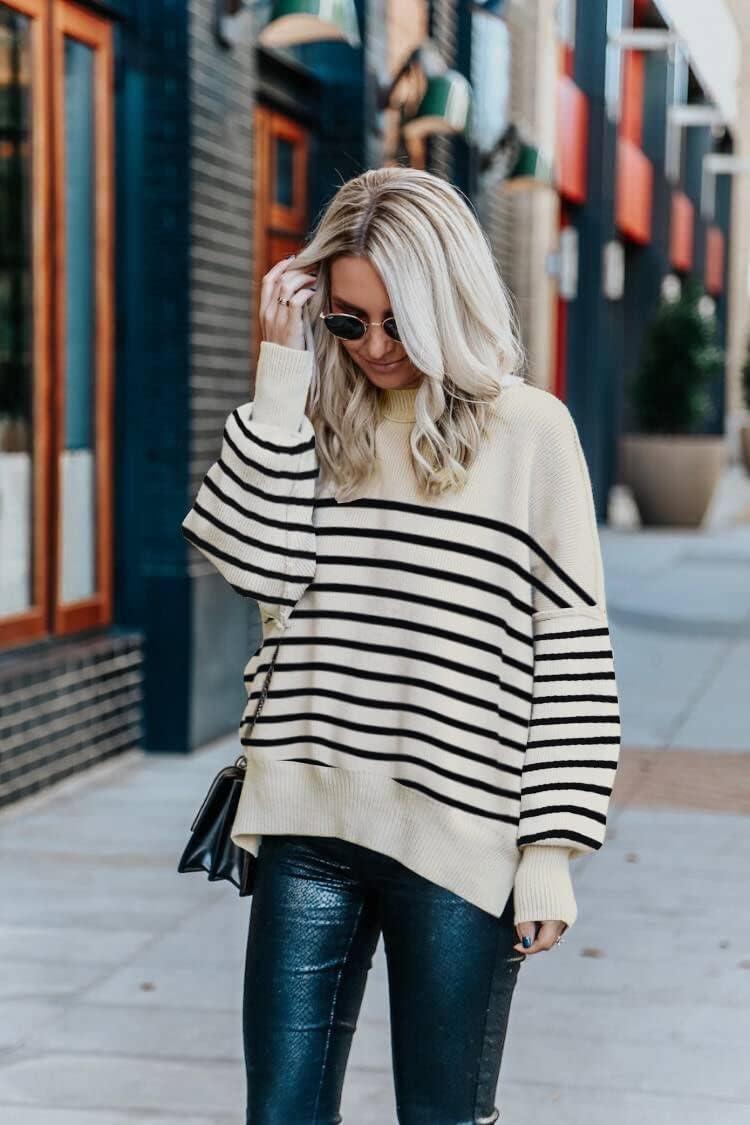 Womens Sweaters Causal Crewneck Batwing Sleeve Knit Top Side Split Oversized Pullover Sweater Loose Jumper - Image 3