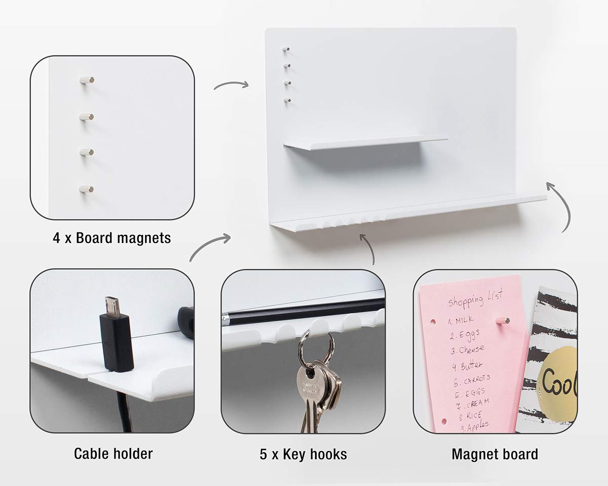byde Organizer Ścienny Hebe Wykonany z Metalu 49 x 9 x 30 cm Półka Ścienna 3 w 1 z Tablicą Magnetyczną i Magnesami. Organizer na Klucze i Notatki. Montaż na Ścianie z Szablonem Montażowym. Kolor Biały