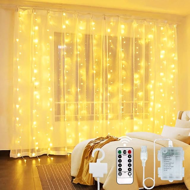 300 LED Curtain Fairy Lights Indoor - 3M*3M USB & Battery Powered Curtain Lights Decorative Curtain String Lights Waterproof Outdoor Lights with 8 Modes for Window Bedroom Christmas Party Garden.