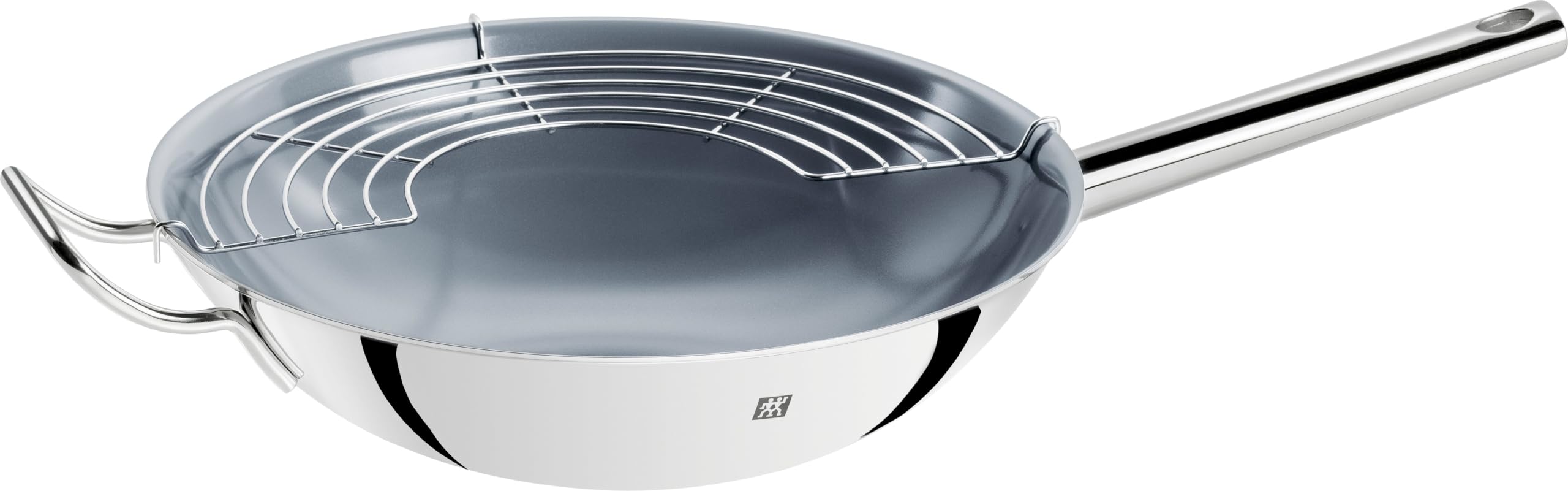 ZWILLING Plus Wokpfanne, 32 cm, Keramikbeschichtet, Induktion, mit Glasdeckel und Edelstahlgitter, Silber