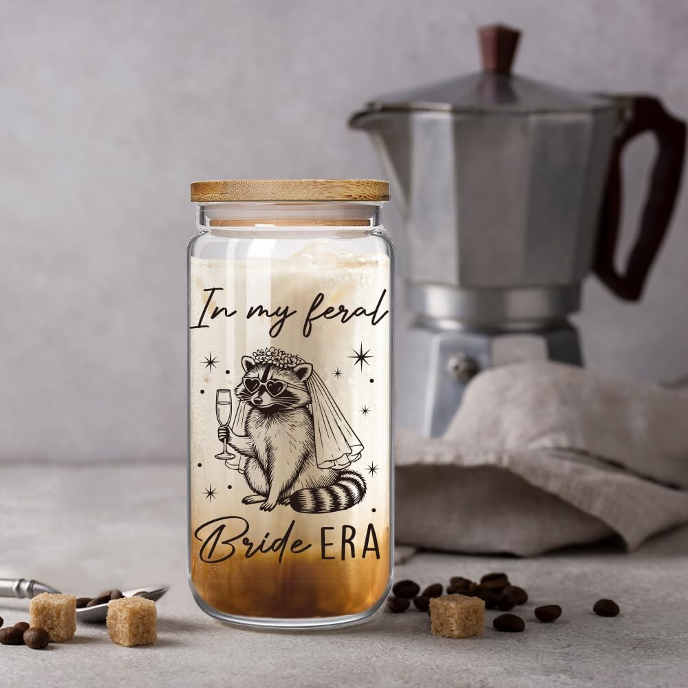 Bride Raccoon Iced Coffee Cup, Fiance Engagement Gift, Cute Racoon Frosted Glass Tumbler w/Lid Straw, Wedding Gifts For Feral Bride, New Wife Bridal Shower Gift, Feral Mom Gifts, Raccoon Cup