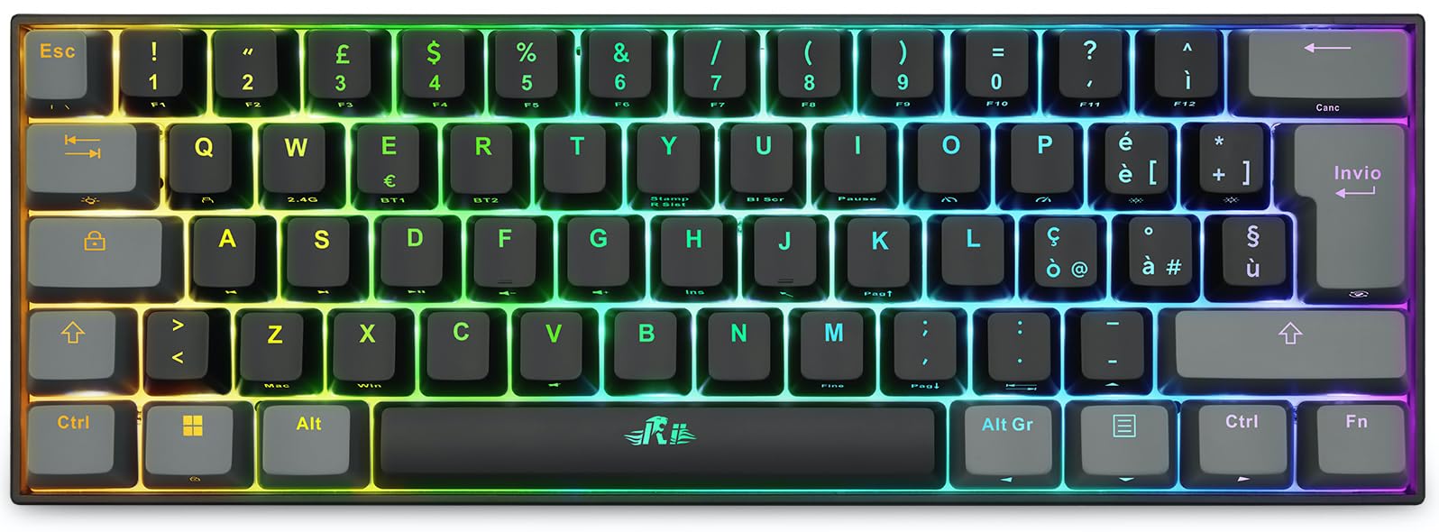 Rii Gaming RK802 - Tastiera meccanica silenziosa, dimensioni ridotte al 60%, tripla connessione (Wireless + Bluetooth + USB), batteria ricaricabile, retroilluminazione RGB 16 colori, anti-ghosting