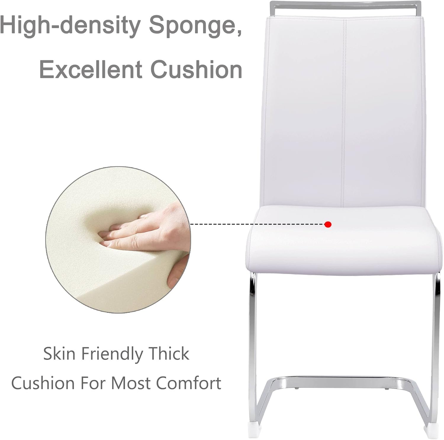 JUFU Modern Dining Chairs Set of 4, White Cantilever Chair Armless Metal FrameSide Chairs with PU Leather Seat and Metal Legs High Back for Dining Room, Kitchen, Living Room, Office