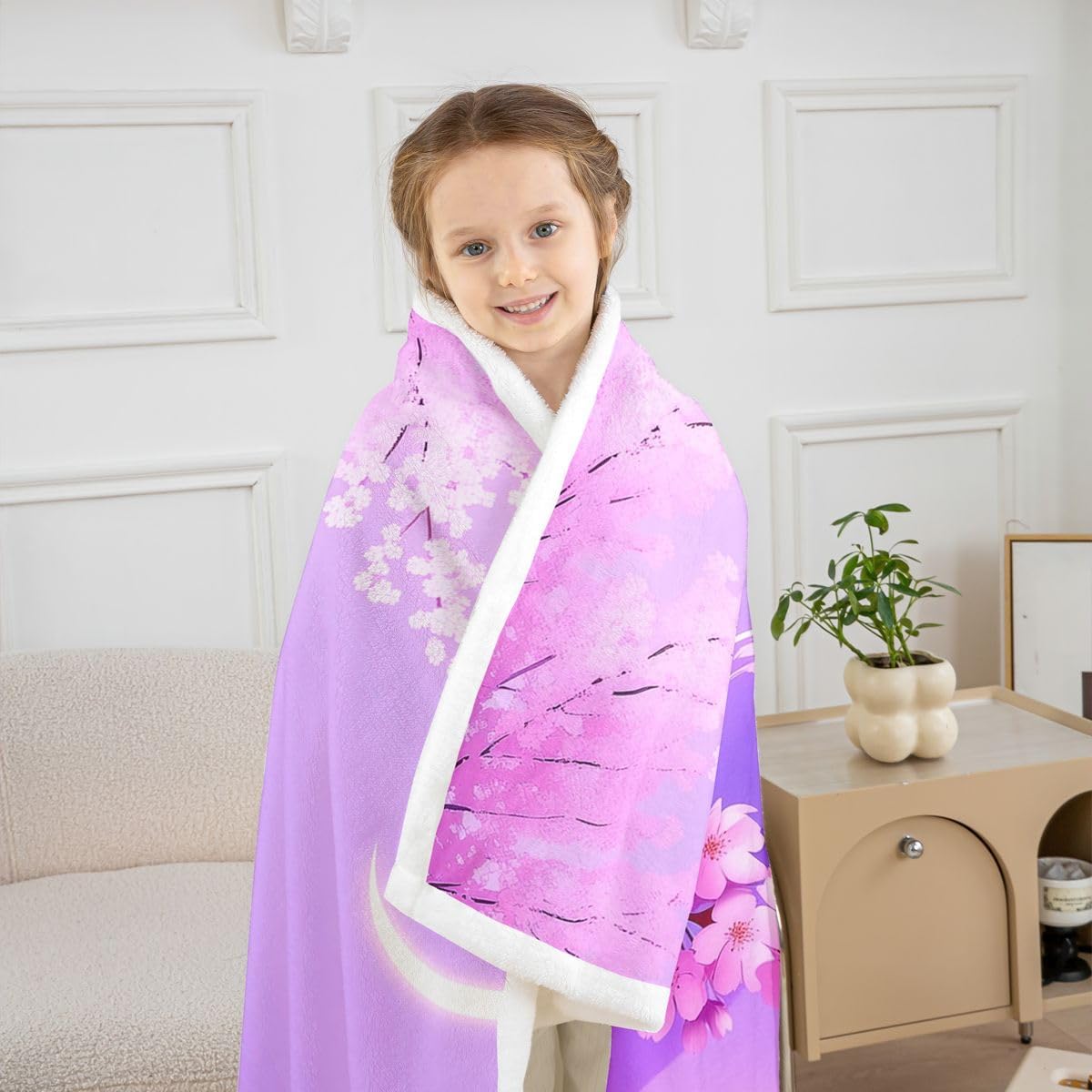 Feelyou Purple Fuji Mountain Fleece Throw Blanket Cherry Blossoms Sherpa Blanket for Kids Women Men Plush Fuzzy Japanese Ukiyoe Theme Twin 60"x80" for Bed Couch Chair Living Room Bedroom Decor image 5