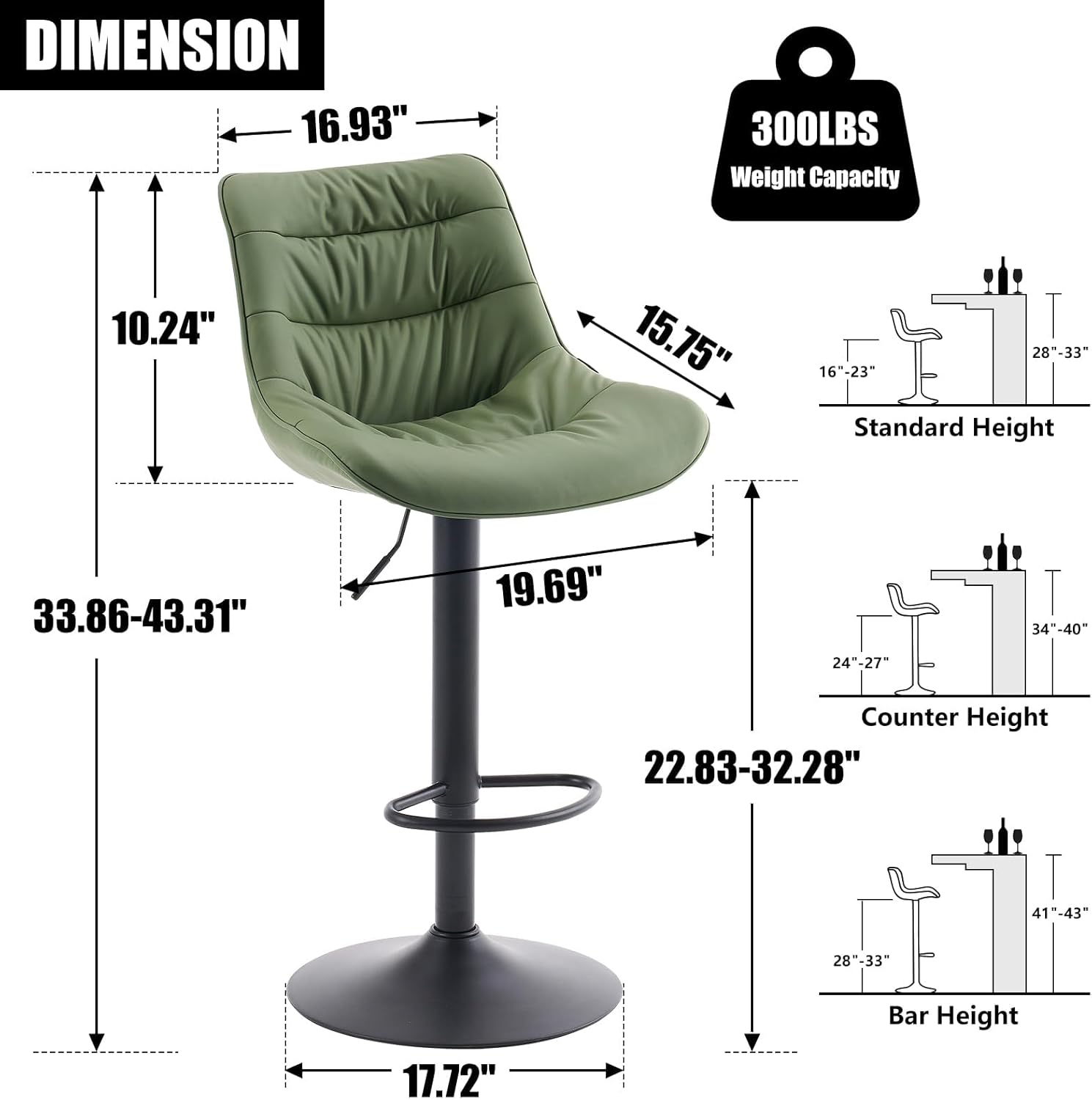 Kidol & Shellder Adjustable Swivel Bar Stools Set of 2 Faux Leather Counter Height Stools with Back Modern Upholstered Metal Base Barstools for Kitchen Island Home Bar Green