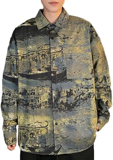 Amazon Habille ハビー メンズ ヴィンテージ風 メンズシャツ 長袖 古着系 ファッションシャツ 個性的 大きいサイズ 総柄 海 薄手 2カラー シャツ 通販