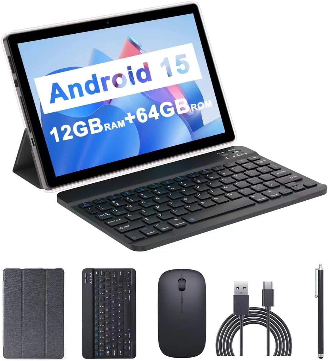 Android 15 Tablet, 10.1 inch 12GB RAM+64GB ROM 1TB Expandable, 2 in 1 Tablets with Keyboard Case Mouse Stylus, 1.8GHz Quad-core, 1280*800 IPS Touch Screen, 8MP Dual Camera, 5G WiFi 6 BT 5.0 Tablet