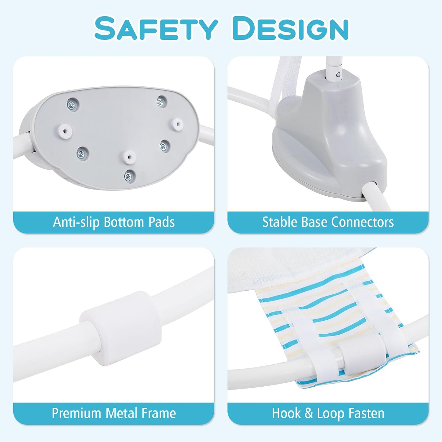 Close-up images detailing safety features like anti-slip pads, stable connectors, and premium metal frame.
