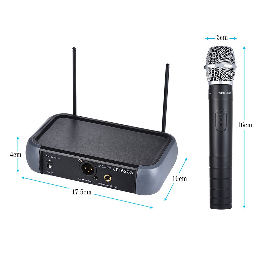Micrófono de Mano Inalámbrico VHF de Doble Canal con Función Eco 2 Micrófonos y 1 Receptor 210-280MHz Distancia de Trabajo 40 Metros Cable de Audio de 6,35 Mm para Karaoke Fiesta Familiar