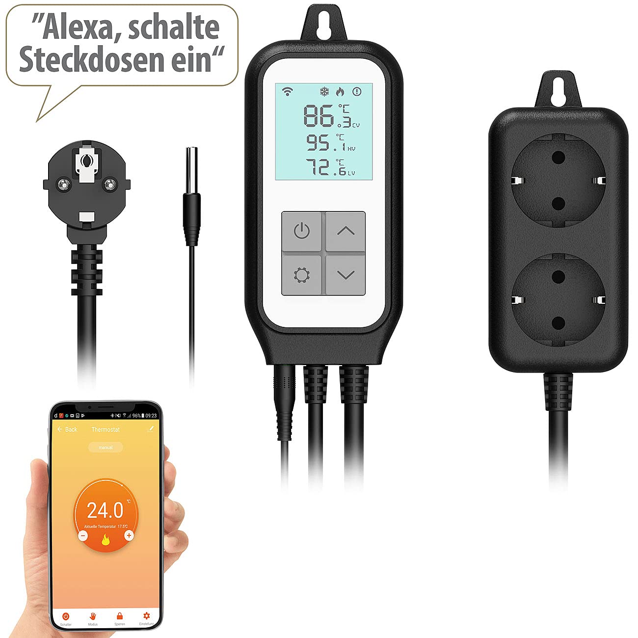 revolt Thermostatsteckdose: WLAN-Steckdosen-Thermostat für 2 Geräte, Sensor, App, Sprachsteuerung (Thermostat Steckdose WiFi, Universal Steckdose, Eis)