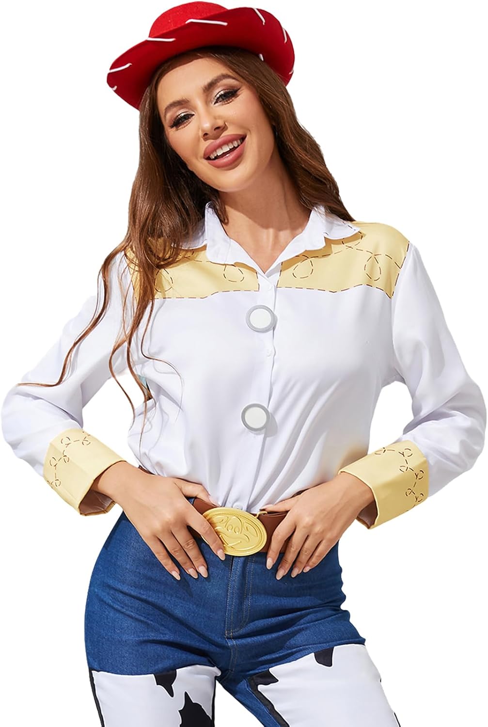 PAINEOMN Jessie Costume Shirt Cowgirls Halloween Long Sleeve Top Button Down Shirts for Women Jessie Shirt Medium