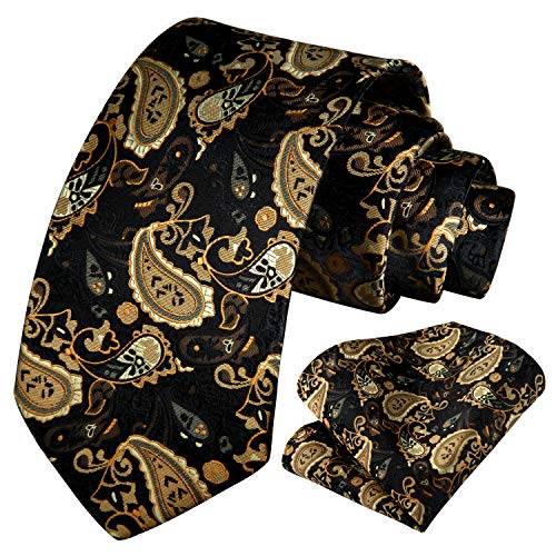HISDERN Gold Tie Paisley Mens Ties and Pocket Square Woven Classic Business Mens Necktie Handkerchief for Wedding Party