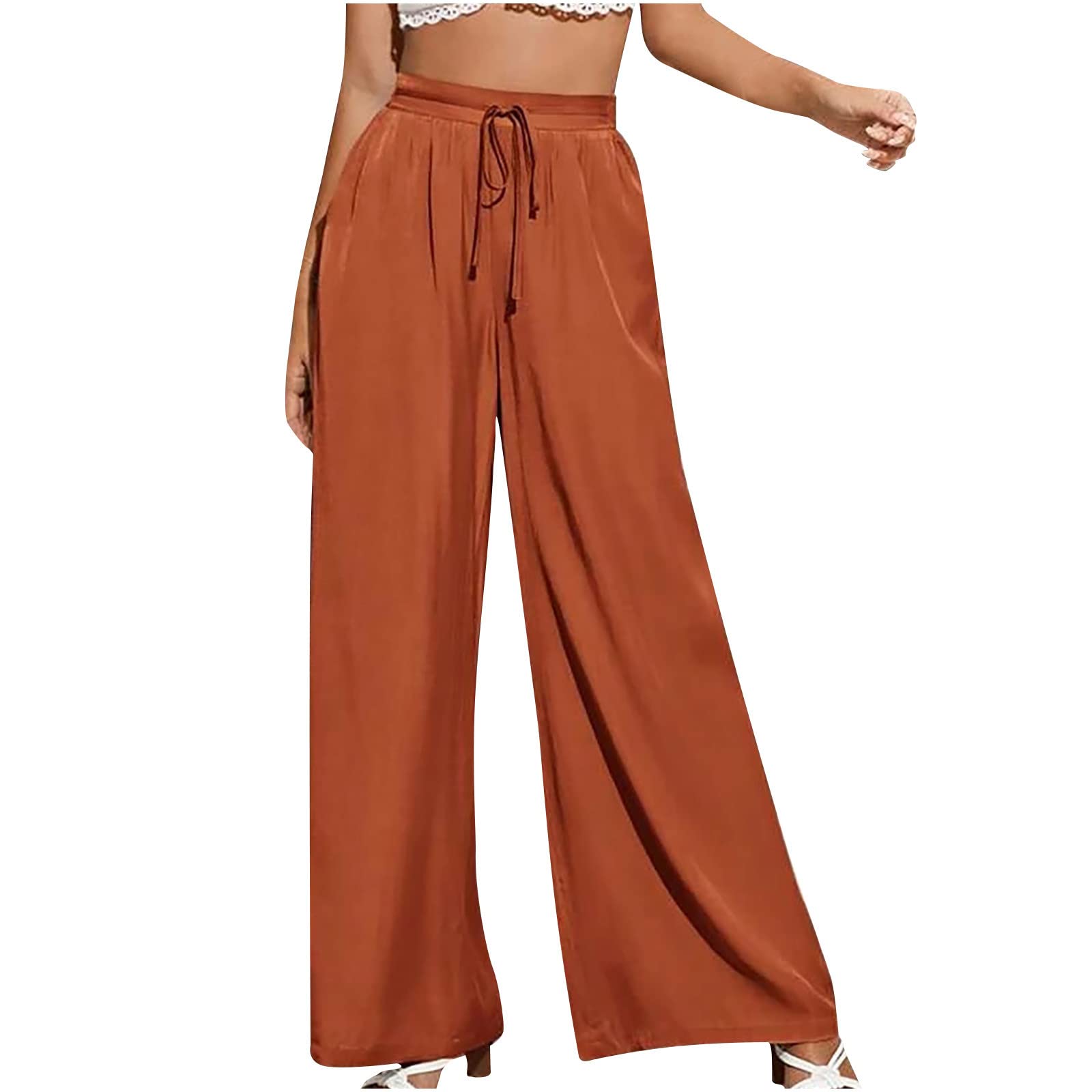 Womens Palazzo Long Pants High Waist Wide Leg Pants Soft Loose Fit Casual Work Trousers Elastic Drawstring Dress