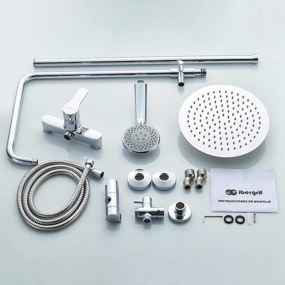 Ibergrif Star, Sistema Columna de Ducha con Reciador, Alcachofa, Manguera, Barra Ajustable y Soporte, Cromo