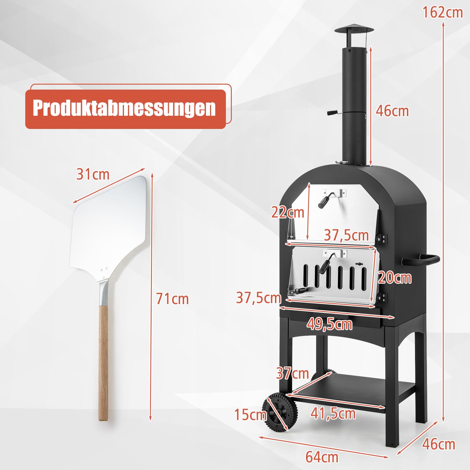 COSTWAY Pizzaofen Outdoor, holzbefeuerter Pizza Ofen mit Thermometer, Griff, Rädern, wasserdichter Abdeckung, Ascheauffangschublade