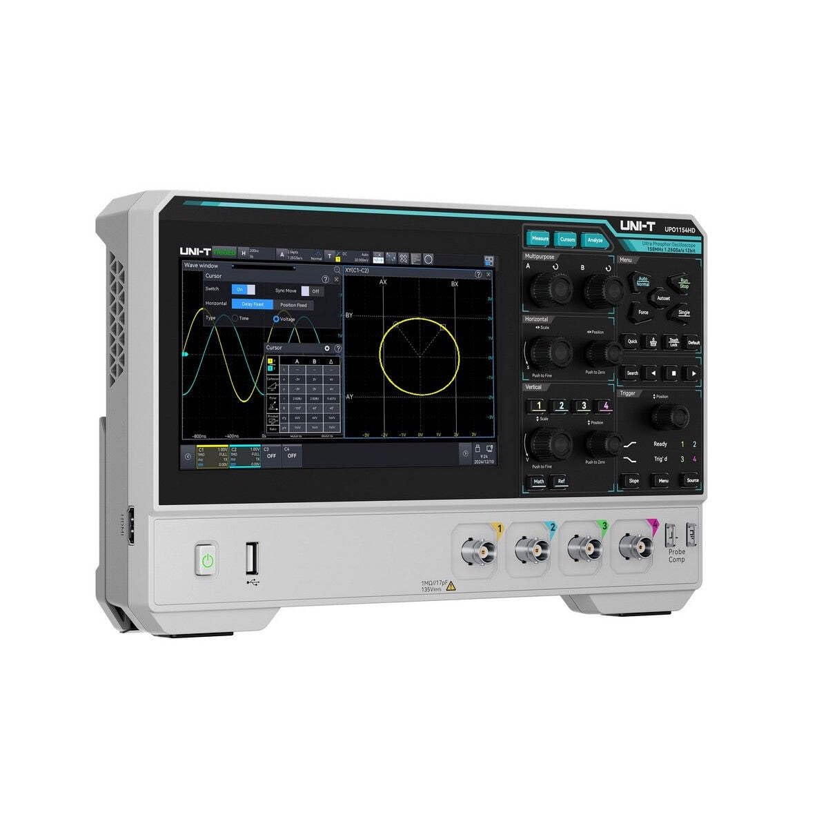 UNI-T UPO1154HD Digitales Oszilloskop, 12-Bit 4-K, 1.25GSa/s 100Mpts, 100.000wfms/s Ultra Phosphor 3.0, 7 Zoll Touch-Display, UART I2C SPI CAN LIN (150MHz 4-K)