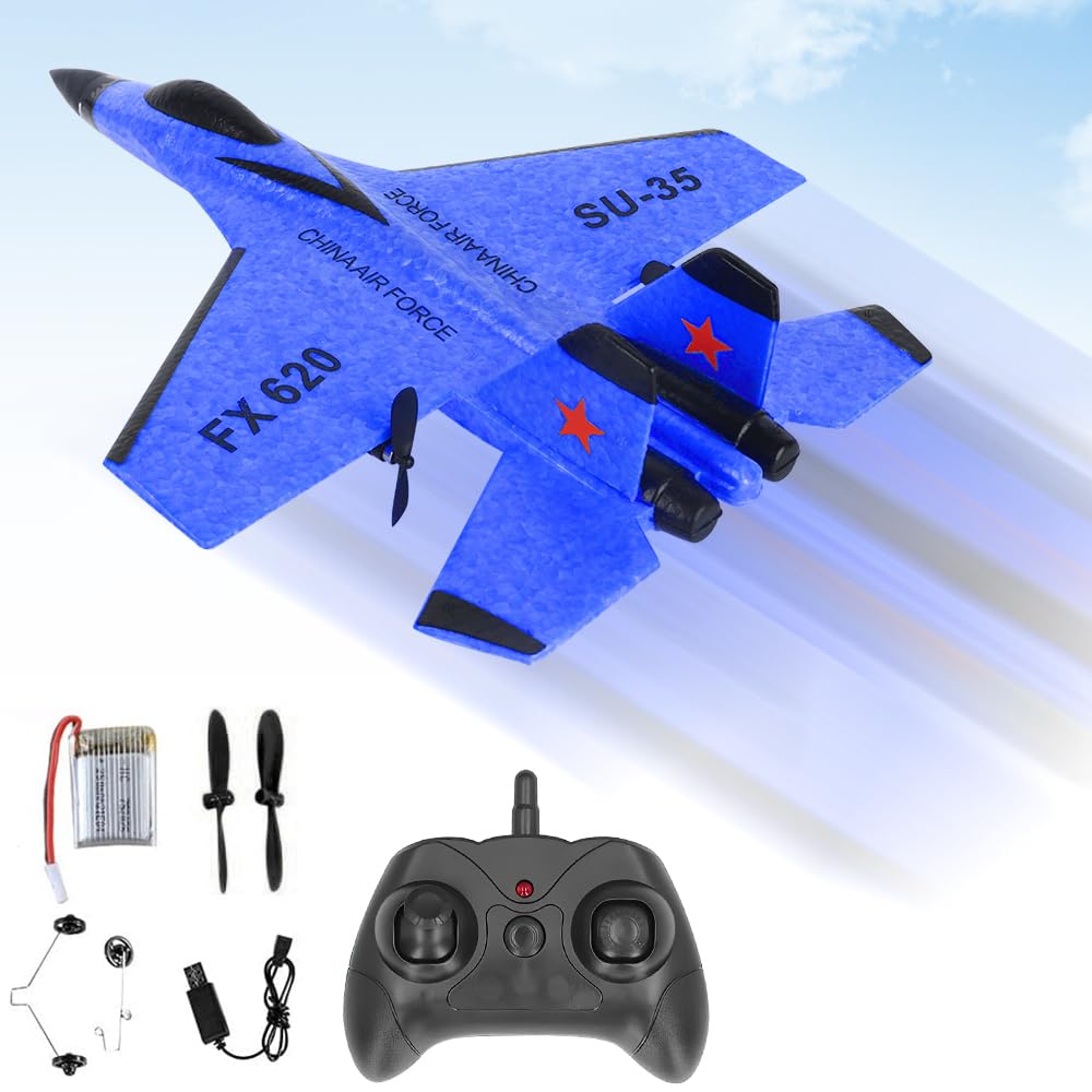 YANGUN Remote Control Plane, Remote Control Wireless Airplane Toy, RC Planes Ready To Fly, SU-35 Foam RC Planes 2CH 2.4Ghz RCPlane with LED Light Strip,RC GliderPlane for Kids Beginners Adult (Blue)