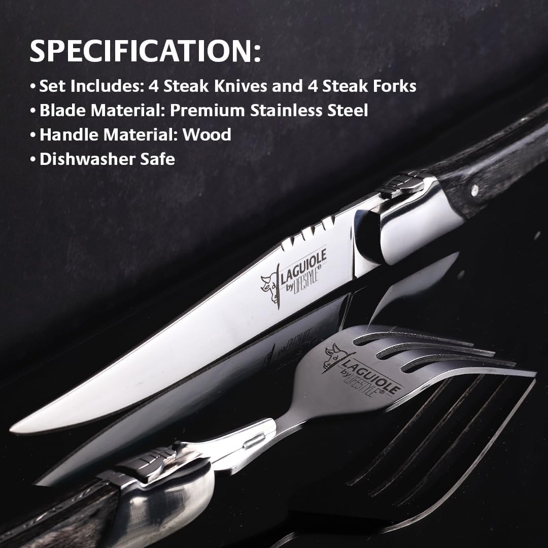 Laguiole 8-Piece Steak Knife and Fork Set – Black Pakka Wood Handle, Premium Stainless Steel Flatware – Elegant Cutlery Set for Dining, Gift-Ready Box Included
