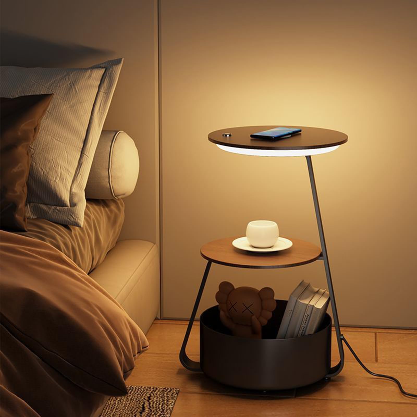 【TTQK】side table end table Bedside table Nightstands Creative floor lamp, wireless charging living room shelf, coffee table, design sofa, bedside table Tray Table(With storage bucket)