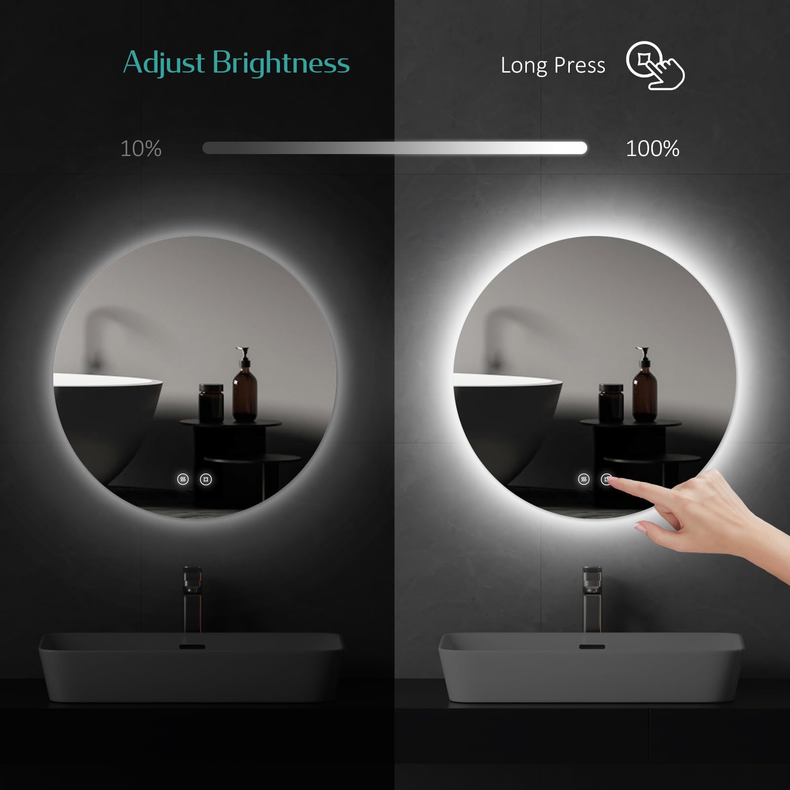 EMKE Espejo de baño Redondo con Luces LED, Espejo de tocador montado en la Pared de 600 mm con función táctil, antivaho y Memoria Regulable, Espejo de baño Iluminado con luz Blanca fría