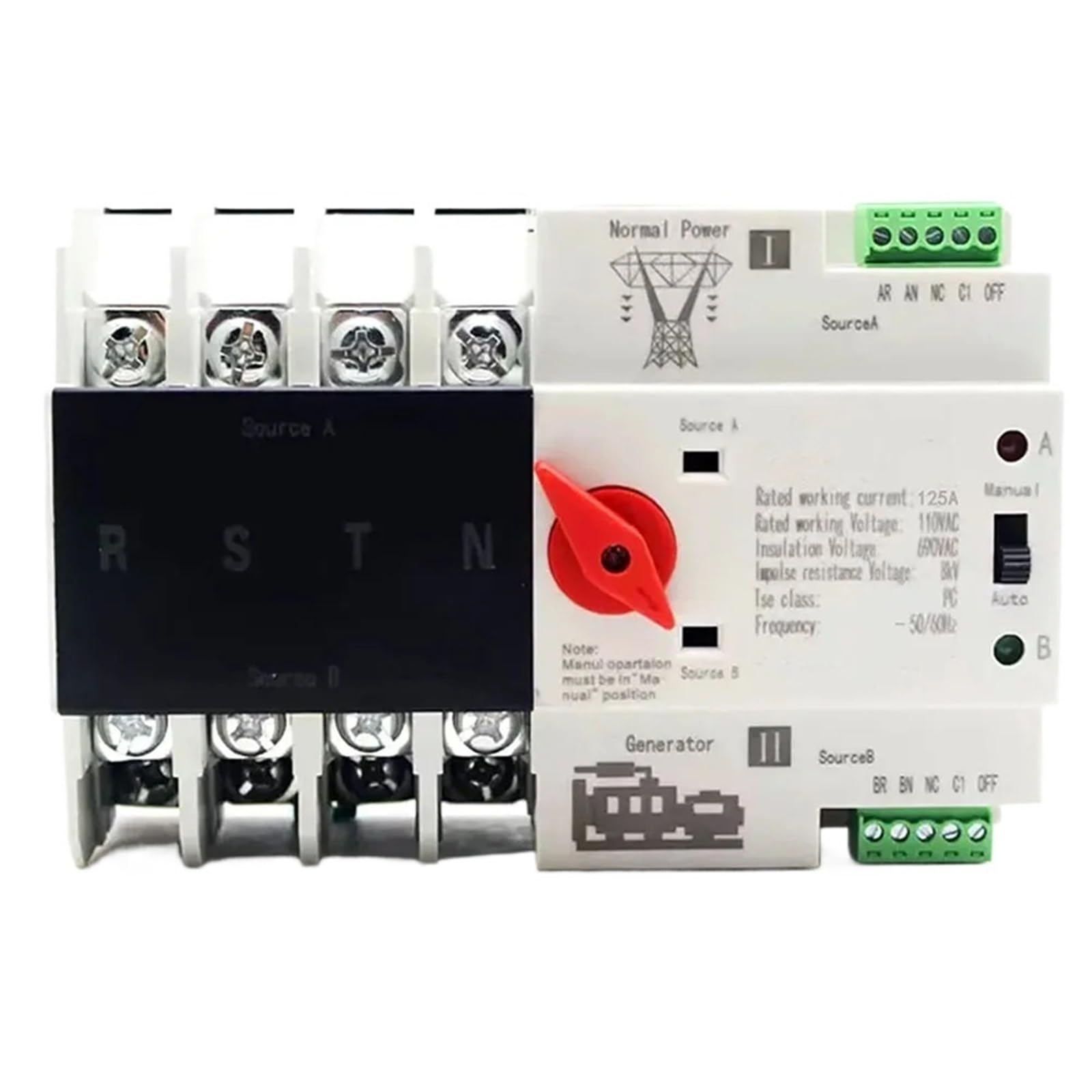 Selettori elettrici di trasferimento automatico a doppia alimentazione, ATS PV 2P, 100 A, AC 220 V, AC 230 V, su guida DIN, fase, ininterrotto