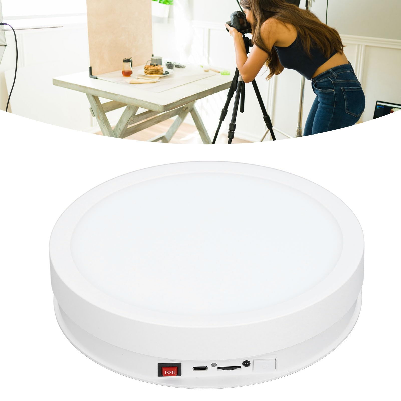 Soporte de Exhibición Giratorio de 360 ​​Grados, Plato Giratorio Automático para Fotografía, Velocidad Y Dirección Ajustable, Plato Giratorio Eléctrico de 22 Cm con Alimentación USB(Blanco)
