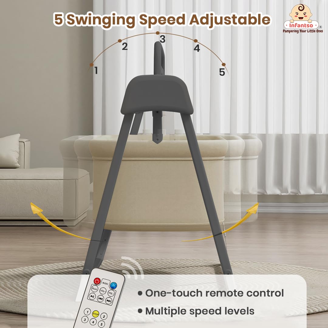 Infantso Premium Electric Baby Cradle Swing - Bluetooth & Remote Control Palna Jhula with Custom Swing Time, Adjustable 5-Speeds, Automatic Swing Cradle for 0-12 Months, Soft Mattress 1