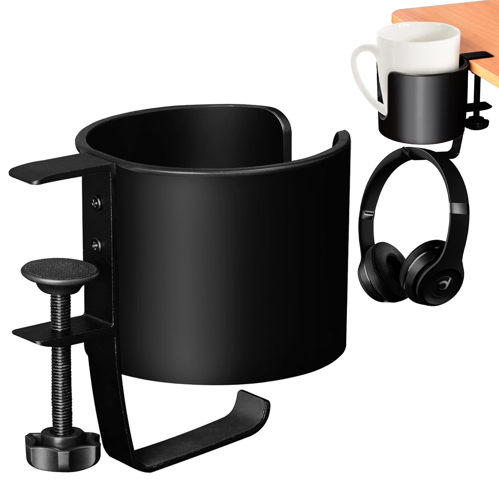 Support 2 En 1 Pour Bureau : Porte-gobelet + Porte-casque - Pivotant, Anti-renversement, Avec Organisateur De Câbles