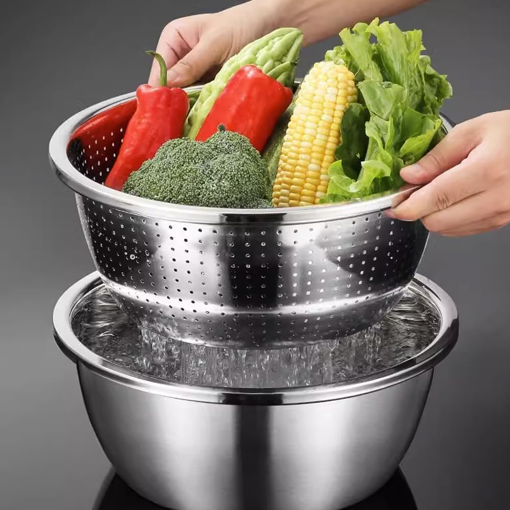 Germany Multifunctional Stainless Steel Basin, Stainless Steel Shredding & Drainage Chopping Basin, 3-in-1 Stainless Steel Basin Strainer Set, for Julienne, Slicing, Chopping and Julienne (11.8 in)