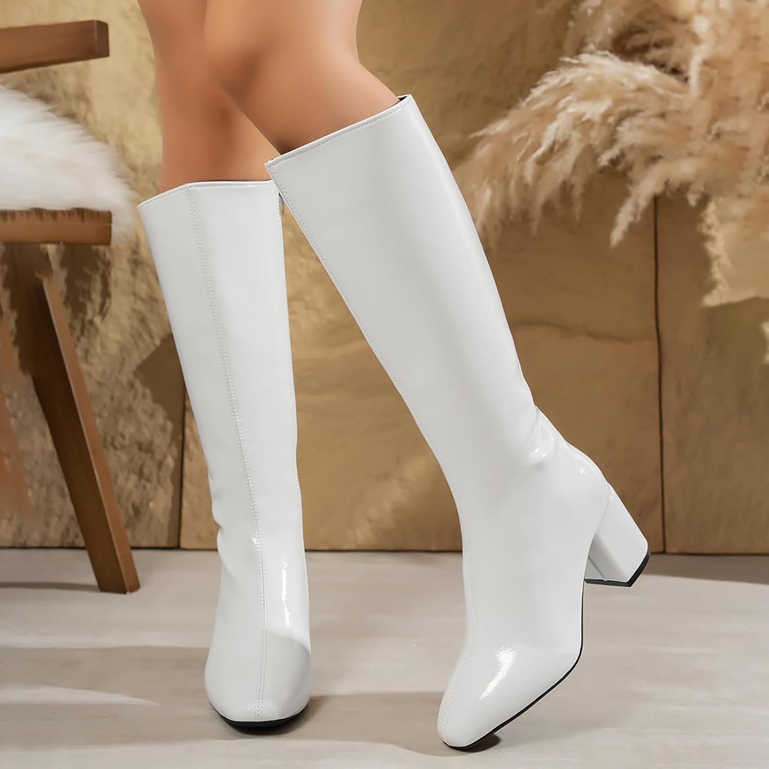 Women Round Toe Knee High Boots Chunky Block Heel Side Zip Mid Calf Booties